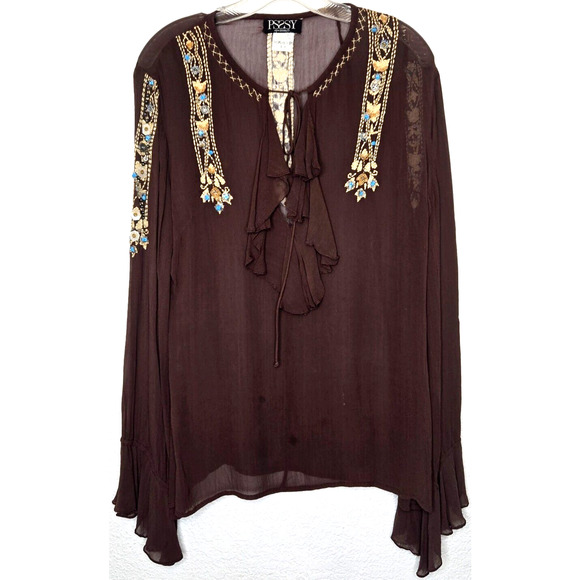 Vintage 90s Womens Top Large Brown Embroidered Sheer French Boho Flowy Blouse - Picture 1 of 13